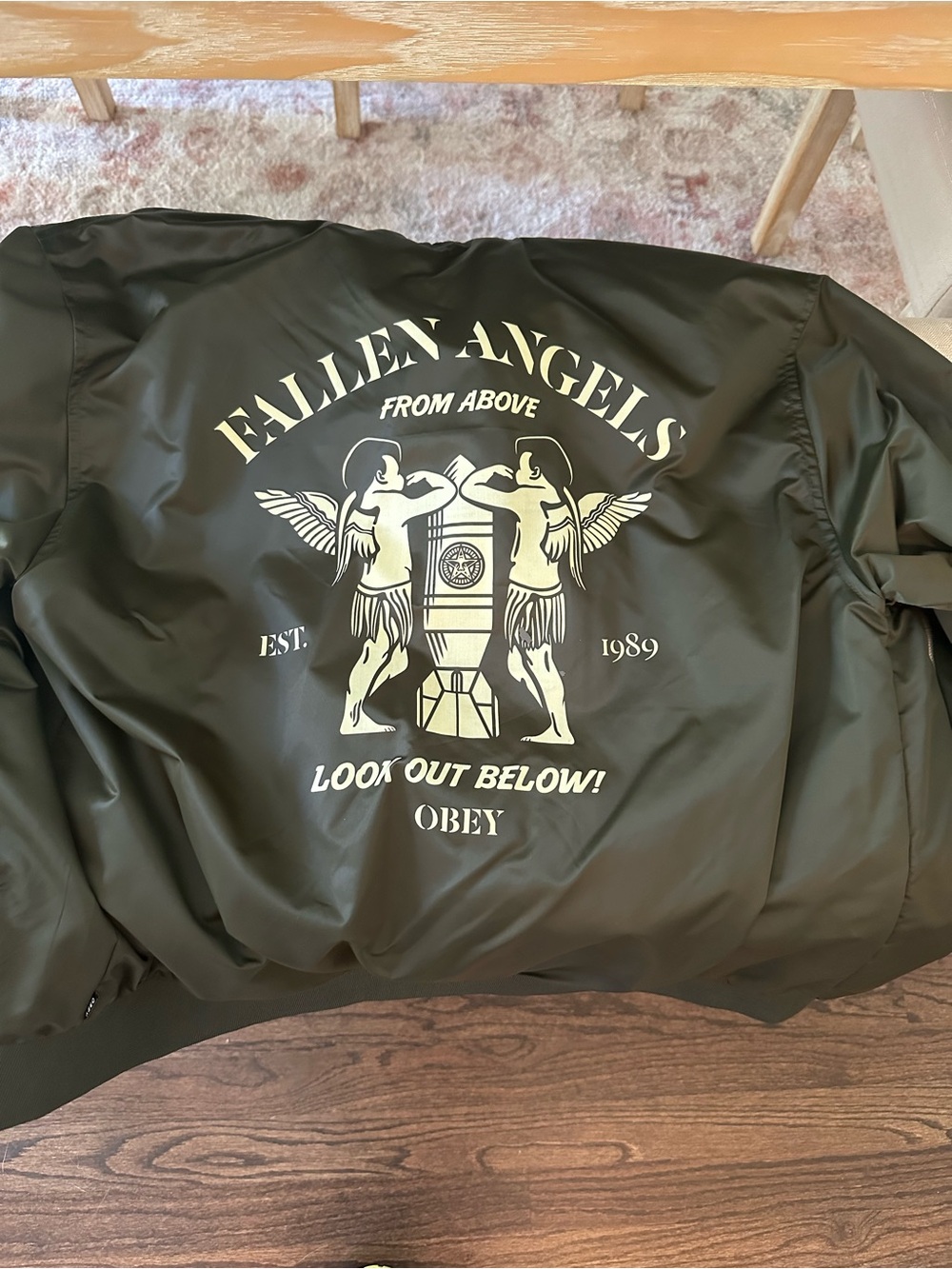 Obey Black Bomber Jacket with Cream Fallen Angels Graphic